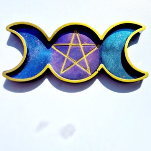 Triple moon tray, Galaxy jewelry dish, Resin tray, Triple Moon Resin Tray with Gold Accent – Wiccan Altar Decor