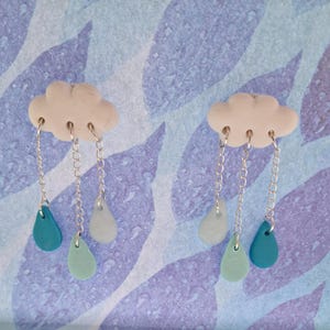 Whimsical Cloud and Raindrop Earrings – Pastel Blue Dangle Earrings – Lightweight Spring Summer Jewelry – Weather Lovers or Dreamers