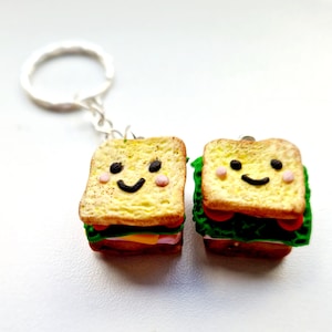 Porte-clés kawaii au fromage grillé, porte-clés sandwich, porte-clés sandwich au jambon et au fromage, breloque planificateur, nourriture réaliste, miniature, breloque kawaii