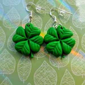 Handmade Green Clover Earrings, St. Patrick’s Day Jewelry, Lucky Charm Earrings, Four Leaf Clover Dangle Earrings