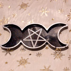 Silver Triple Moon Tray – Handmade Resin Celestial Dish, Resin tray, Triple Moon Resin Tray with Silver Pentagram, Handmade Witchy Decor