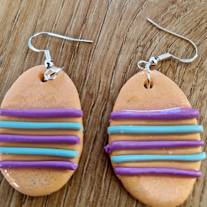 Pastel Peach Striped Easter Egg Earrings – Handmade Polymer Clay Jewelry