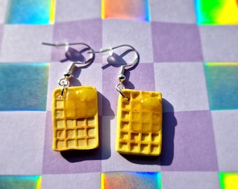 Handmade Mini Waffle Earrings: Food-Themed Dangle or Stud