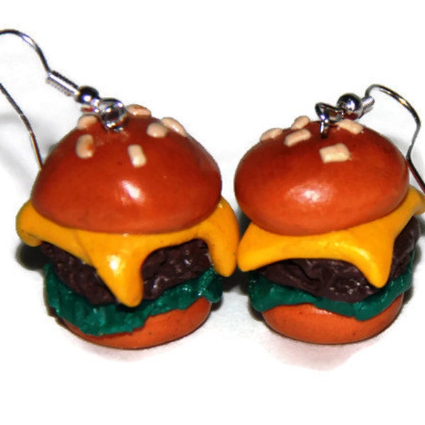 Boucles d'oreilles cheeseburger, bijou fait main en fimo, miniature burger