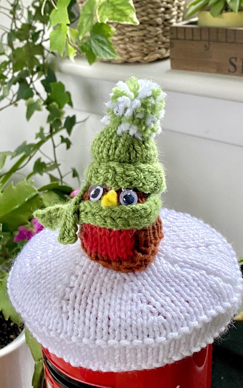 May include: A knitted robin wearing a green hat with a white pom-pom, a red scarf, and googly eyes. The robin is sitting on a white knitted lid.