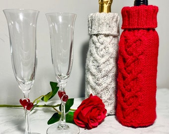 Valentine Aran Worsted Heart Cable Bottle Cover Sleeve Knitting Pattern for Champagne, Prosecco or Wine