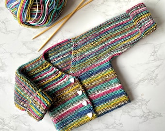 Simple One Piece DK, Aran or Chunky Cardigan Knitting Pattern for Babies 0-6 Months, 6-12 Months and Child 1-3 Years