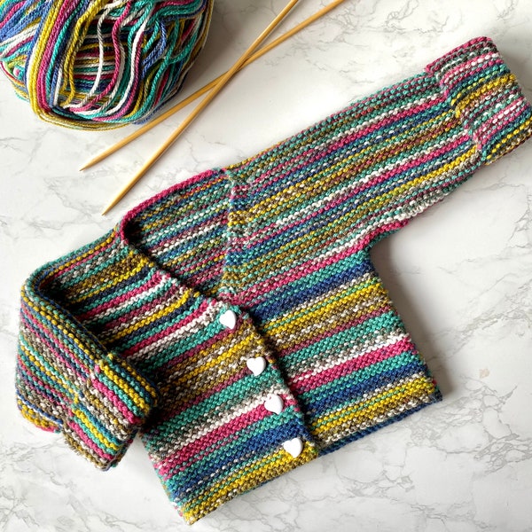 Simple One Piece DK, Aran or Chunky Cardigan Knitting Pattern for Babies 0-6 Months, 6-12 Months and Child 1-3 Years