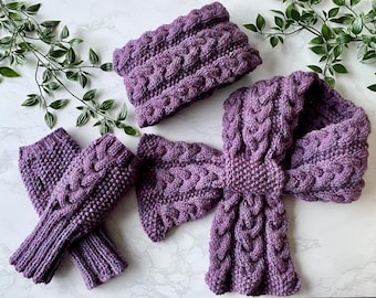 Loch Fyne Shores Fingerless gloves, Headband and Scarf Accessory Collection Knitting Pattern