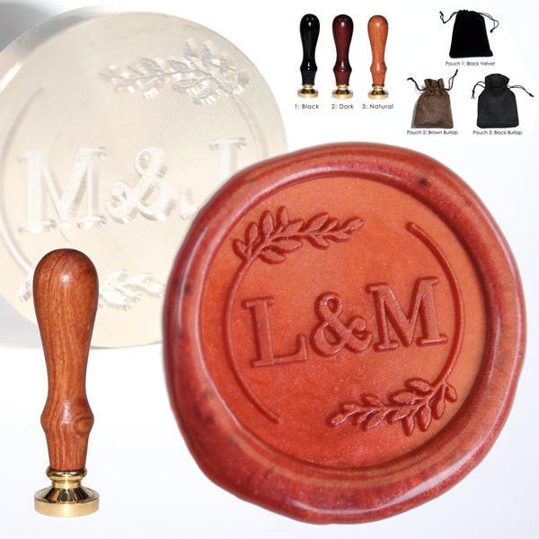 20mm Personalised Sealing Stamp with leaves design, custom engraved with your initials, supplied with 1 wax stick, handle & pouch