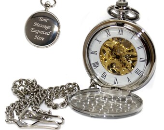 Custom Engraved Skeleton Hunter Pocket Watch Roman Numerals. Gift for Him. Custom Engraved Birthday, Wedding or Anniversary