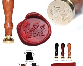 Welsh Dragon (Y Ddraig Gymreig) 20mm Wax Seal Stamp with 1 Red Wax Stick, Choice of Pouch and Real Wood Handle