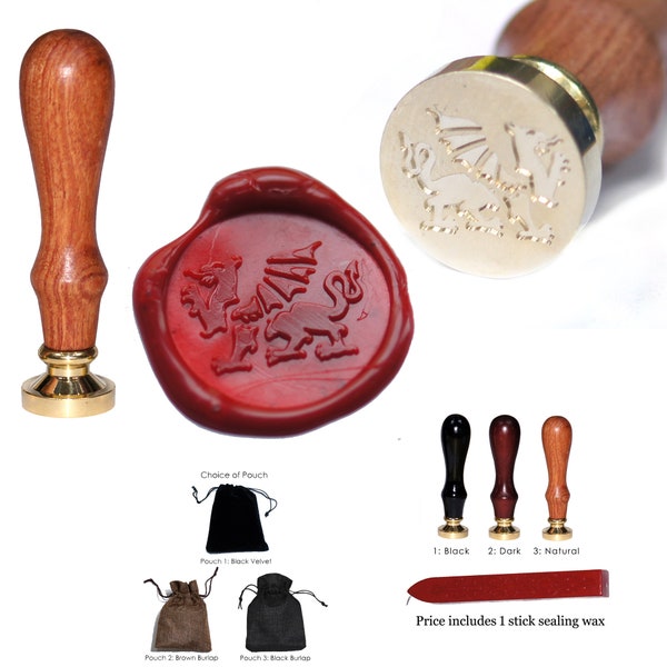 Welsh Dragon (Y Ddraig Gymreig) 20mm Wax Seal Stamp with 1 Red Wax Stick, Choice of Pouch and Real Wood Handle