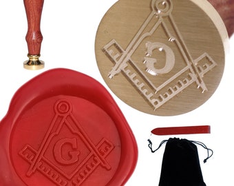 Masonic Compass, Square & G 22mm Wax Seal Stamp supplied with 1 Red Wax Stick and Choice of Pouch