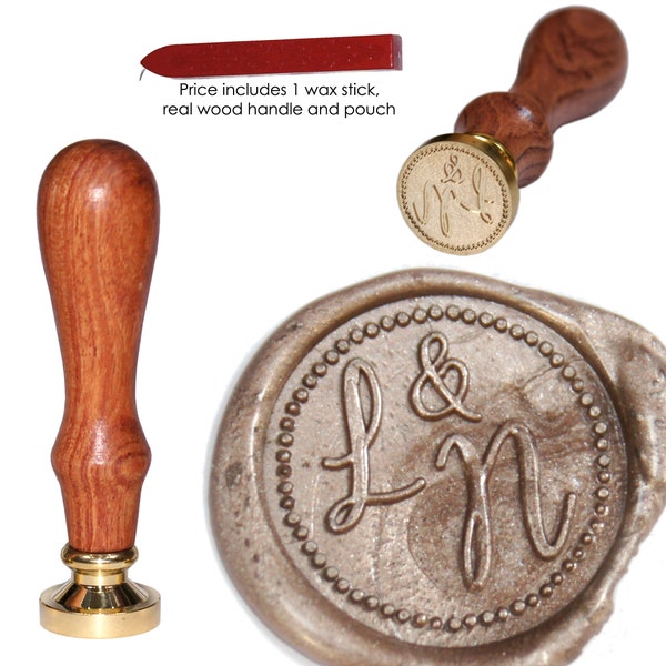 20mm Wax Seal Stamp with dots border custom engraved with your personalised initials includes Handle, 1 Wax Stick & Pouch