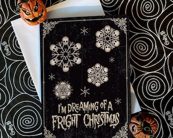 I'm dreaming of a fright Christmas - Skull, bones skeleton snowflakes alternative dark gothic card, available single or in packs. Goth card