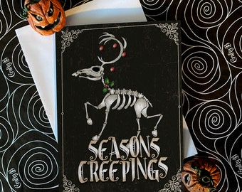 Seasons Creepings - Skeleton Reindeer - alternative dark gothic Christmas card, available single or in packs. Goth card. Scrooge