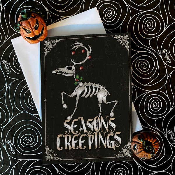 Seasons Creepings - Skeleton Reindeer - alternative dark gothic Christmas card, available single or in packs. Goth card. Scrooge