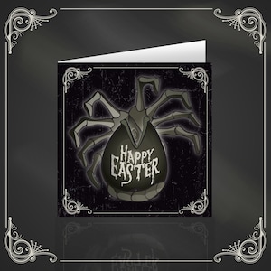 May include: Greeting card with a dark, distressed background and a stylized illustration. The image features a dark egg with the text "Happy Easter" and a skeletal creature emerging from it. The card has decorative corner elements.