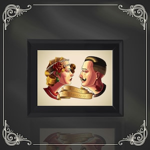 Their love was unbreakable - Neo traditional style tattoo original print in Black wooden frame.