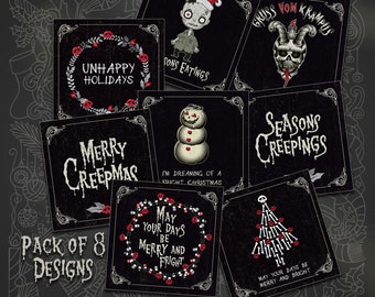 May include: A set of eight black and white Christmas cards with a spooky theme. The cards feature illustrations of a snowman, a skull, a zombie, and a Christmas tree. The text on the cards includes phrases like "Merry Creepmas", "Seasons Creepings", and "Unhappy Holidays".