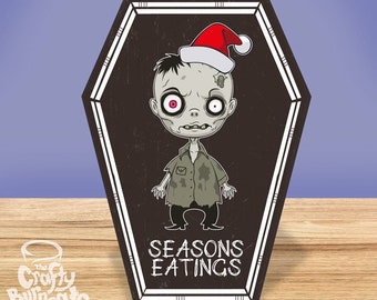 NEW COFFIN CARDS - Seasons Eatings - little zombie alternative dark Christmas  Card - Alternative greetings card. Gothic theme