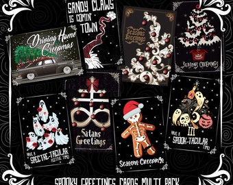 May include: A multi-pack of spooky greeting cards featuring various Halloween-themed illustrations. The cards include a gingerbread man, a ghost, a tree with bats, a car driving home for Creepmas, and a Satanic greeting. The text on the cards reads "Seasons Creepings", "Have a Spook-tacular Time", "Have a Spectre-tacular Festive Time", "Satans Greetings", "Driving Home Creepmas", "Sandy Claws is Comin Town", and "Seasons Greetings".