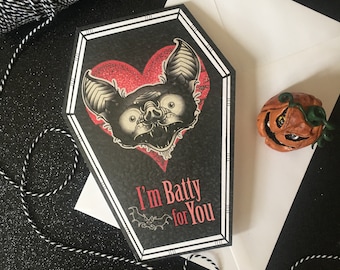 NEW COFFIN CARDS - I'm batty for you - Alternative anniversary, valentine, love card. Bat gothic tattoo theme. Goth Card