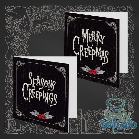 Pack of 2 Dark Christmas Cards - Merry Creepmas and Seasons Creepings. Alternative Gothic Goth Christmas Cards