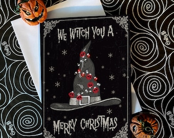 We Witch you a Merry Christmas - alternative dark gothic witchy Christmas card, available single or in packs. Goth card.