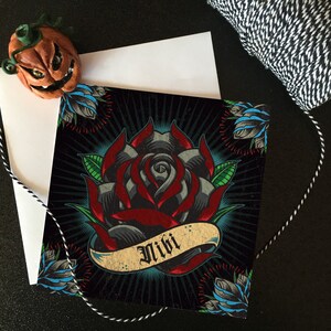 Nibi Flash Rose Tattoo Nicht binäre Eltern-Tageskarte - Dunkel, alternativ, gotische Karte. Gothik.