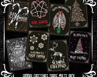 Pack of 8 - A5 alternative dark gothic Christmas cards. Multipack Goth Card. Choice of designs or mixed pack. Black Chrismas Merry Creepmas