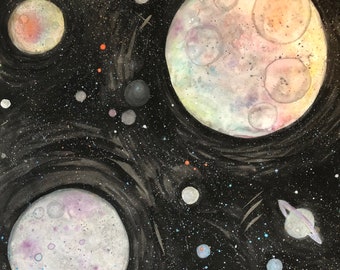 Original Painting - Watercolor outer space planetary celestial galaxy - hand painted with opaque and metallic Watercolors OOAK