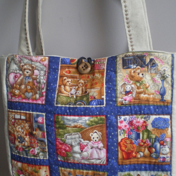 sac patchwork , tissus motif oursons et lin