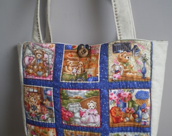 sac patchwork , tissus motif oursons et lin