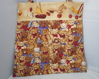 besaces tissu motif ours et jouets anciens par un mond'ours !