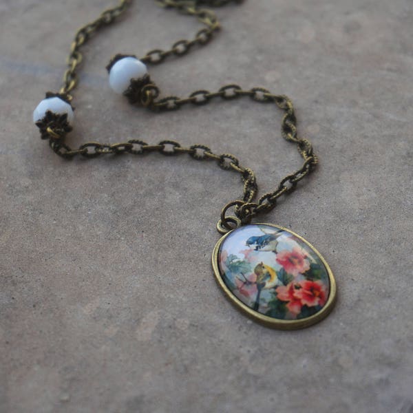 Robin Bird Pendant Love Birds Necklace Vintage Ornate Pendant Hipster Illustrated Jewelry Shabby Chic Flower Pendant Japanese Art Jewelry