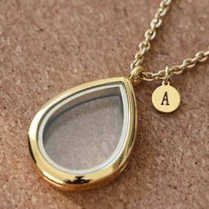 Personalized teardrop locket necklace with custom initial charm • A perfect memorial gift to treasure any keepsake (hair, fur, sand, photos)