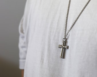 Cross urn necklace for men • Cremation memorial for loss of mother, father, son, daughter or brother • Christian keepsake jewelry for ashes