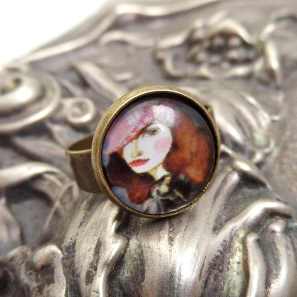 Mysterious Lady Ring, Woman with Hat Ring, Pop Art Ring, Fashion Illustration Jewelry, Redhead Ring, Vintage Looking Jewelry, Portrait Rings