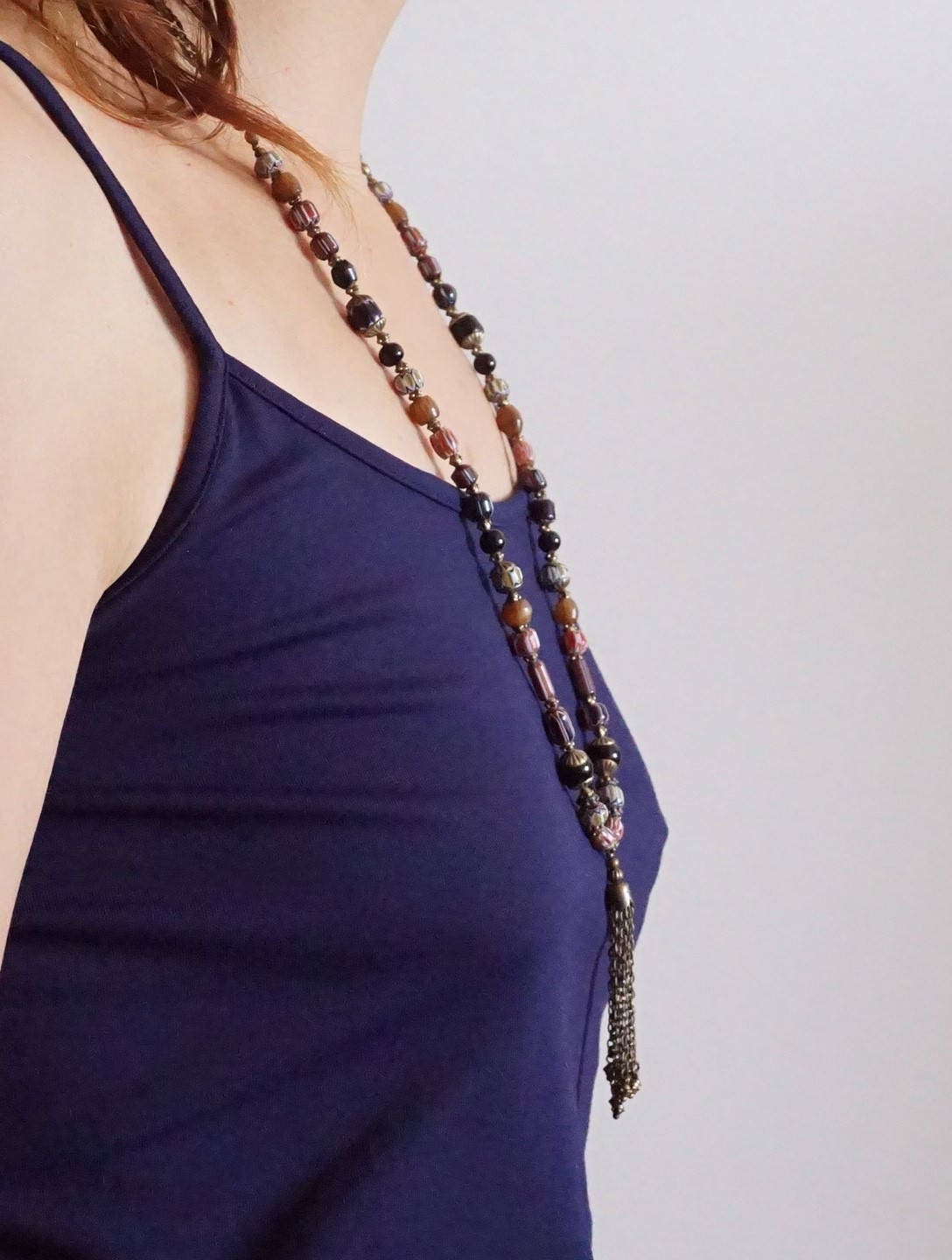 Unique Chain Tassel Necklace With Genuine Onyx Gemstone and