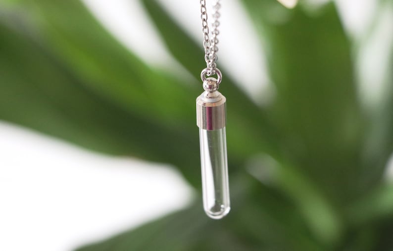 May include: A clear glass vial pendant necklace with a silver-colored metal cap and chain. The vial is suspended against a blurred green background, suggesting a natural setting. The necklace is a minimalist accessory.