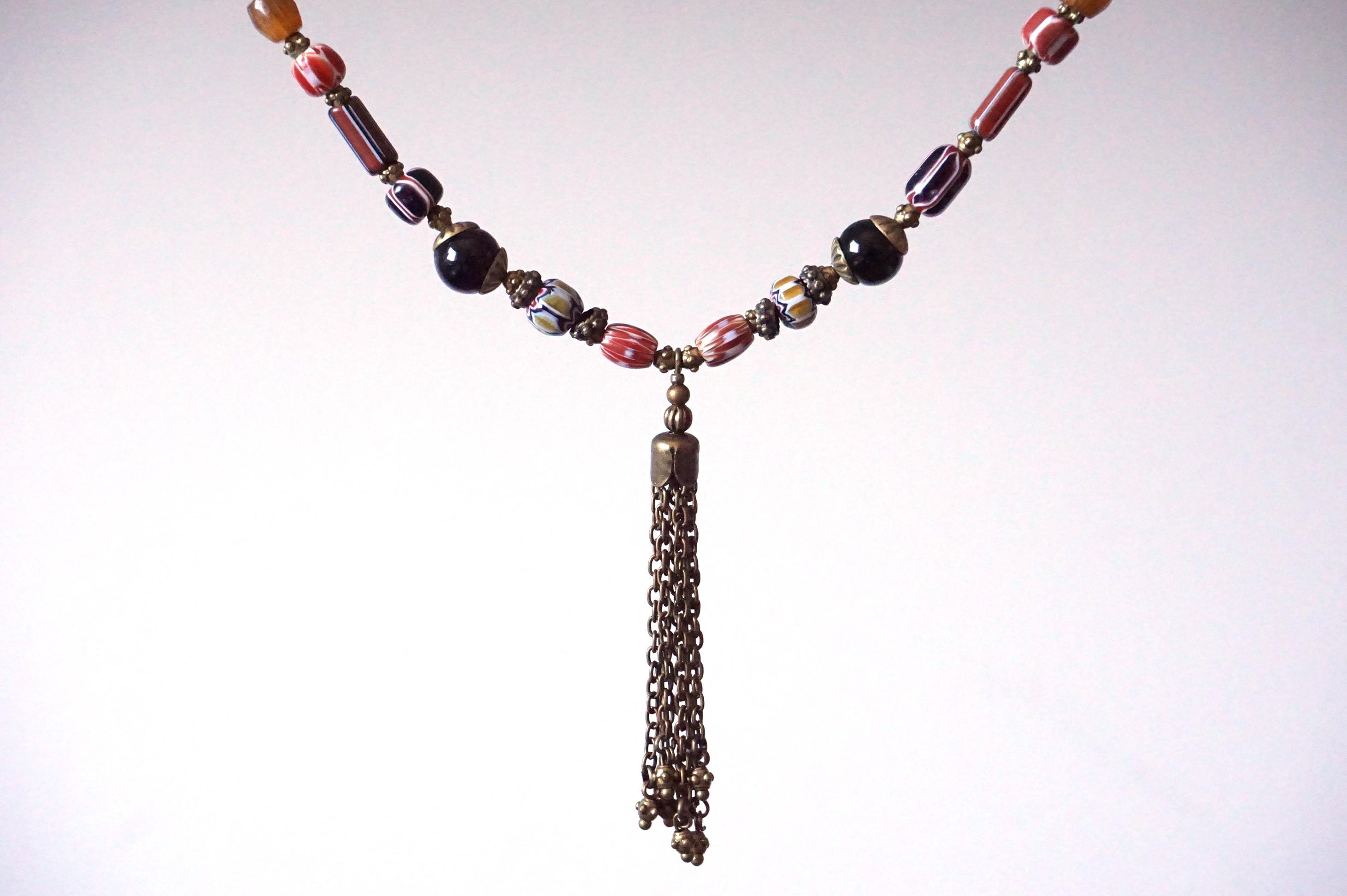 Unique Chain Tassel Necklace With Genuine Onyx Gemstone and