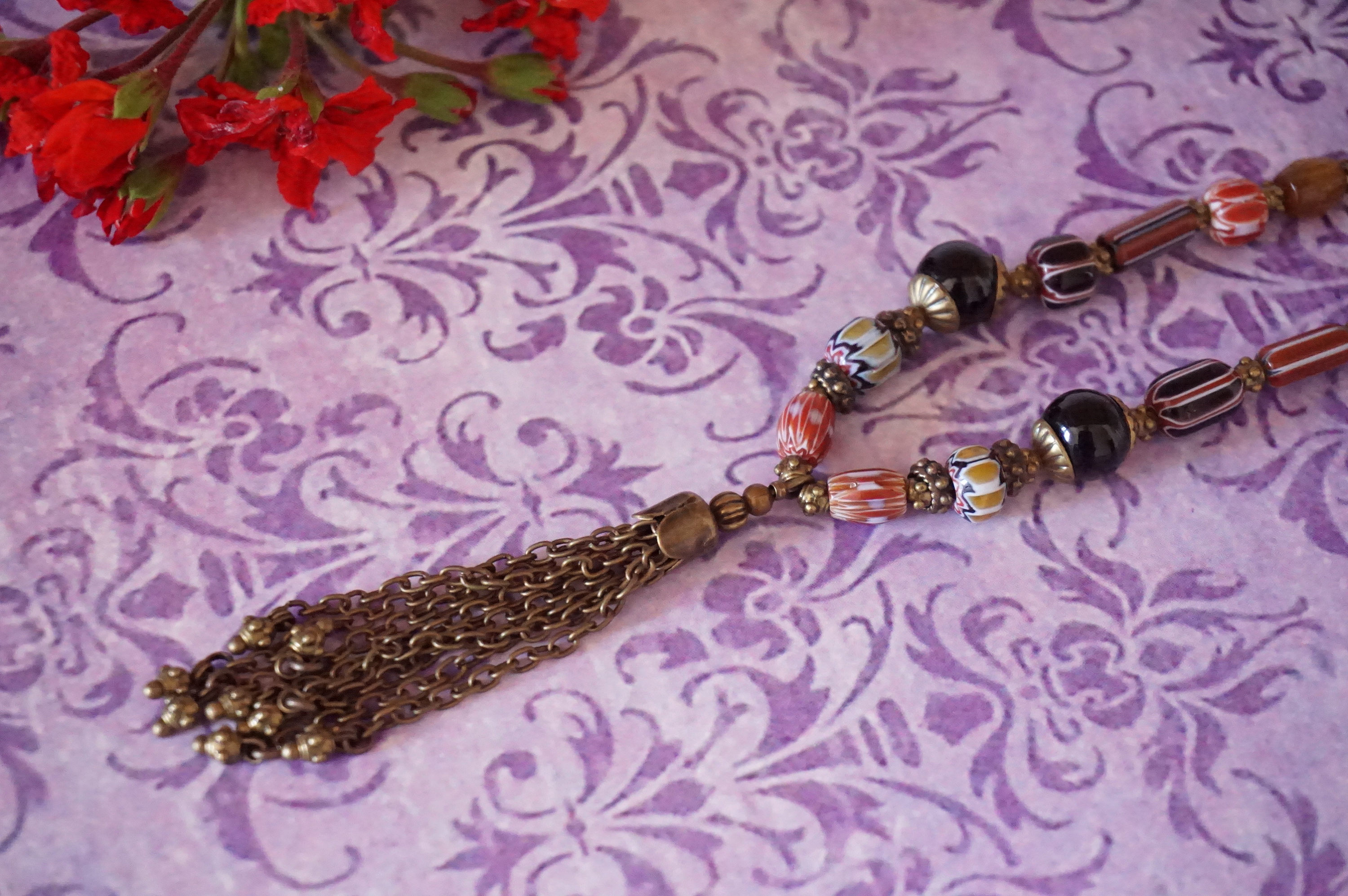Unique Chain Tassel Necklace With Genuine Onyx Gemstone and