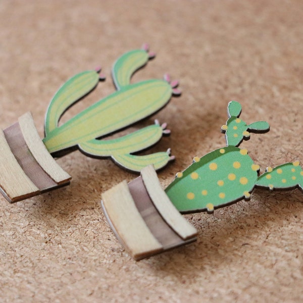 Ensemble de 2 broches en bois d’épingles de cactus ~ Accessoires esthétiques super mignons pour vêtements en bois récupéré ~ Cadeau amoureux succulent