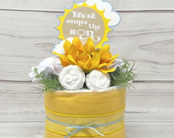 Here Comes the Son Diaper Cake Baby Shower Centre de table Boy-First Time Mom Gift-Diaper Raffle Waiting Mom Gift-New Parents Gift.