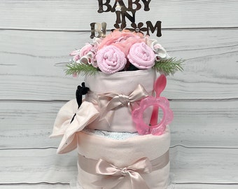 Baby in Bloom Diaper Cake Baby Shower Centerpiece for Table Girl-Gender Reveal Ideas-First Time Mom Gift-Diaper Raffle Expecting Mom Gift.