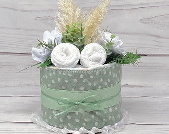 Sage Green Diaper Cake Baby Shower Centerpiece-Neutral Baby Shower First Time Mom Gift-Pampas Grass Expecting Mom Gift-Baby Shower Decor.