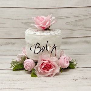 Floral Baby Girl Diaper Cake Table Centerpiece- Pregnancy announcement Gift-Expecting Mom Gift-New Parent Gift-Coworker Baby Gift.