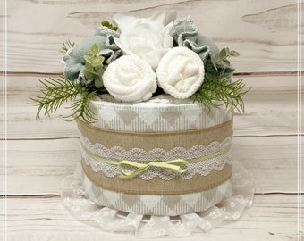 Centre de table pour gâteau de couches en toile de jute : cadeau neutre pour baby shower